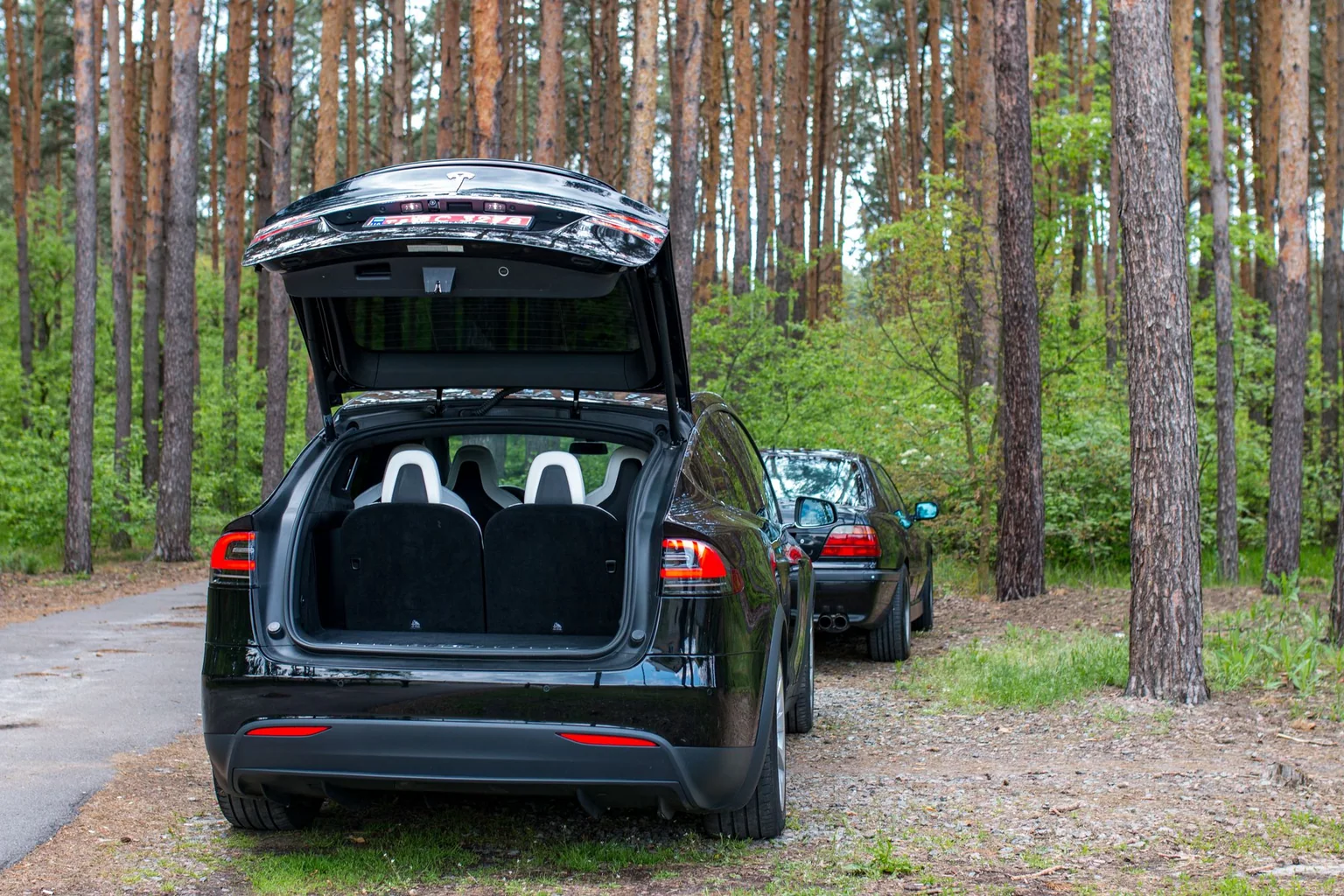 Rear view of an electric SUV with its cargo hatch open on a forest road